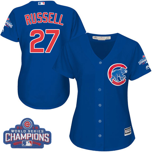 Women's Majestic Chicago Cubs #27 Addison Russell Authentic Royal Blue Alternate 2016 World Series Champions Cool Base MLB Jersey