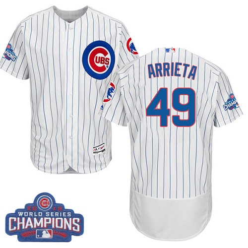 Men's Majestic Chicago Cubs #49 Jake Arrieta White 2016 World Series Champions Flexbase Authentic Collection MLB Jersey