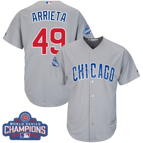 Youth Majestic Chicago Cubs #49 Jake Arrieta Authentic Grey Road 2016 World Series Champions Cool Base MLB Jersey