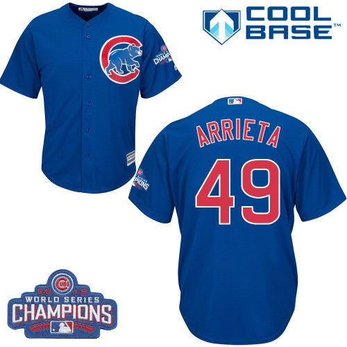 Youth Majestic Chicago Cubs #49 Jake Arrieta Authentic Royal Blue Alternate 2016 World Series Champions Cool Base MLB Jersey