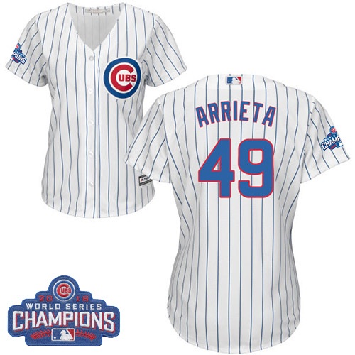 Women's Majestic Chicago Cubs #49 Jake Arrieta Authentic White Home 2016 World Series Champions Cool Base MLB Jersey