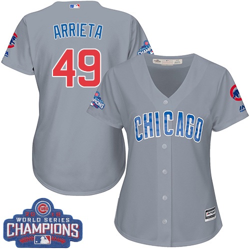 Women's Majestic Chicago Cubs #49 Jake Arrieta Authentic Grey Road 2016 World Series Champions Cool Base MLB Jersey