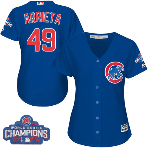 Women's Majestic Chicago Cubs #49 Jake Arrieta Authentic Royal Blue Alternate 2016 World Series Champions Cool Base MLB Jersey