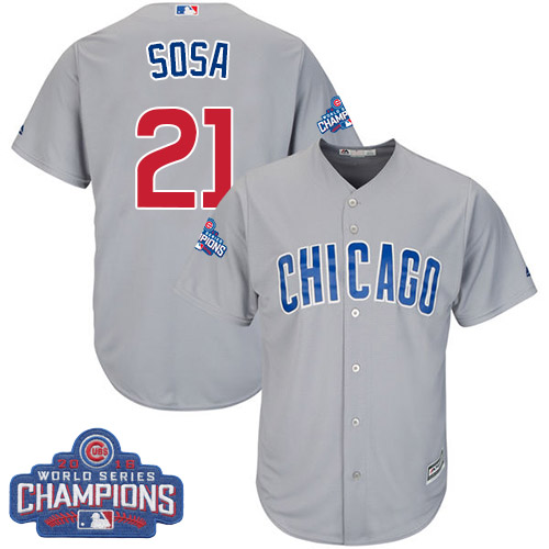 Youth Majestic Chicago Cubs #21 Sammy Sosa Authentic Grey Road 2016 World Series Champions Cool Base MLB Jersey