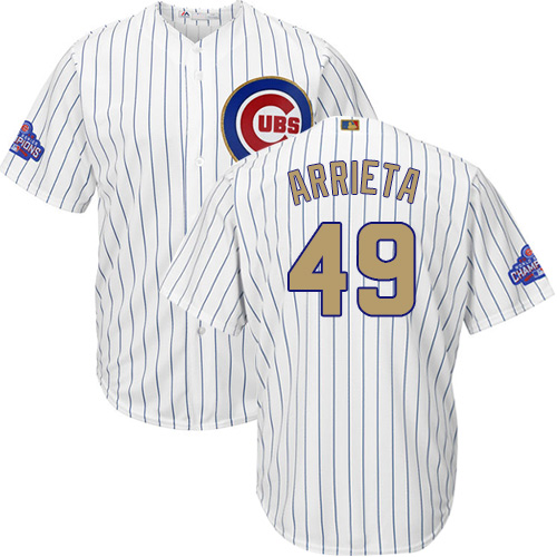 Youth Majestic Chicago Cubs #49 Jake Arrieta Authentic White 2017 Gold Program Cool Base MLB Jersey