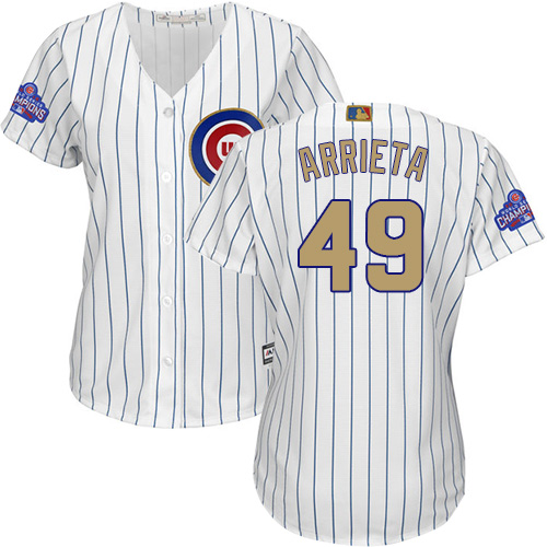 Women's Majestic Chicago Cubs #49 Jake Arrieta Authentic White 2017 Gold Program MLB Jersey