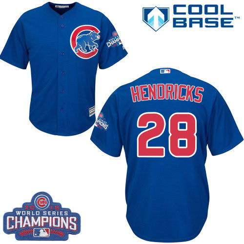 Youth Majestic Chicago Cubs #28 Kyle Hendricks Authentic Royal Blue Alternate 2016 World Series Champions Cool Base MLB Jersey
