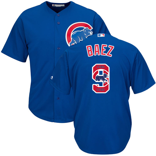 Men's Majestic Chicago Cubs #9 Javier Baez Authentic Royal Blue Team Logo Fashion Cool Base MLB Jersey
