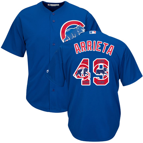 Men's Majestic Chicago Cubs #49 Jake Arrieta Authentic Royal Blue Team Logo Fashion Cool Base MLB Jersey