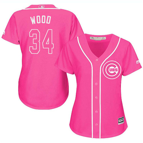 Women's Majestic Chicago Cubs #34 Kerry Wood Authentic Pink Fashion MLB Jersey