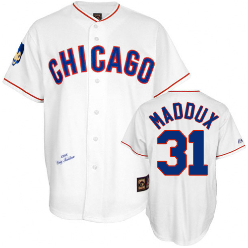 Men's Mitchell and Ness Chicago Cubs #31 Greg Maddux Replica White 1988 Throwback MLB Jersey