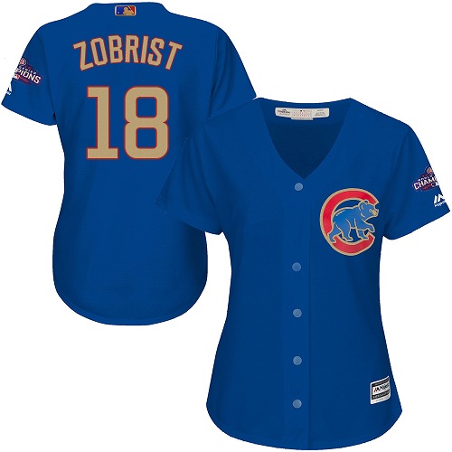 Women's Majestic Chicago Cubs #18 Ben Zobrist Authentic Royal Blue 2017 Gold Champion MLB Jersey