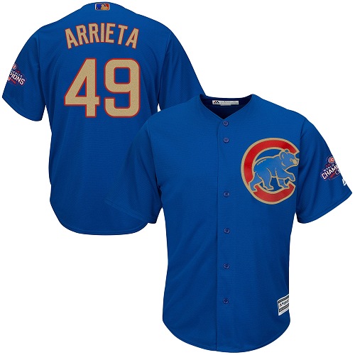 Youth Majestic Chicago Cubs #49 Jake Arrieta Authentic Royal Blue 2017 Gold Champion Cool Base MLB Jersey