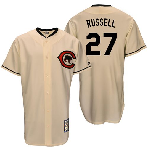 Men's Majestic Chicago Cubs #27 Addison Russell Authentic Cream Cooperstown Throwback MLB Jersey