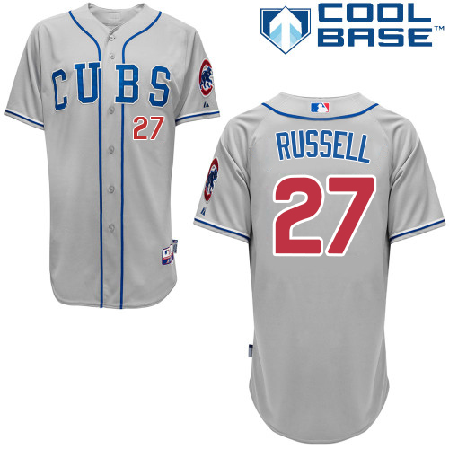 Men's Majestic Chicago Cubs #27 Addison Russell Replica Grey Alternate Road Cool Base MLB Jersey