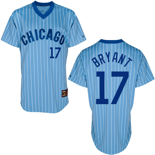 Men's Majestic Chicago Cubs #17 Kris Bryant Authentic Blue/White Strip Cooperstown Throwback MLB Jersey