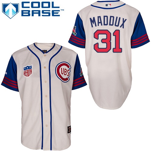 Men's Majestic Chicago Cubs #31 Greg Maddux Authentic Cream/Blue 1942 Turn Back The Clock MLB Jersey