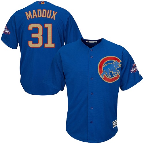 Youth Majestic Chicago Cubs #31 Greg Maddux Authentic Royal Blue 2017 Gold Champion Cool Base MLB Jersey