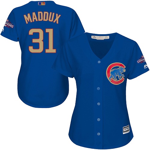 Women's Majestic Chicago Cubs #31 Greg Maddux Authentic Royal Blue 2017 Gold Champion MLB Jersey