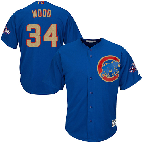 Youth Majestic Chicago Cubs #34 Kerry Wood Authentic Royal Blue 2017 Gold Champion Cool Base MLB Jersey