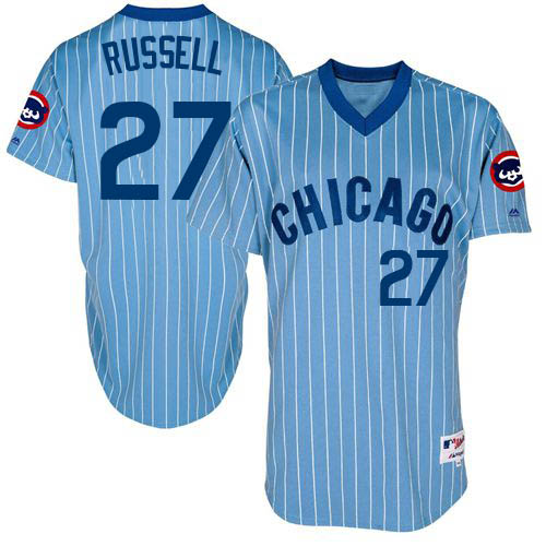 Men's Majestic Chicago Cubs #27 Addison Russell Authentic Blue Cooperstown Throwback MLB Jersey