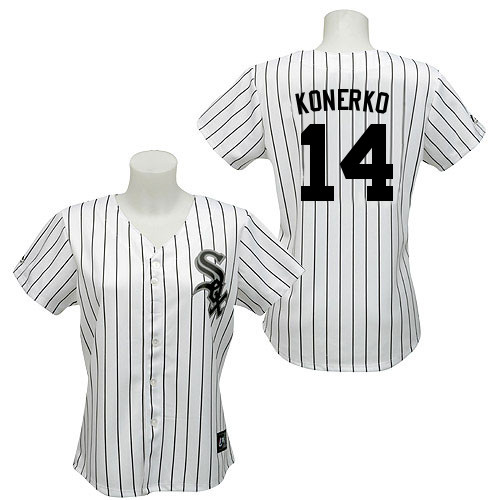 Women's Majestic Chicago White Sox #14 Paul Konerko Authentic White/Black Strip Fashion MLB Jersey