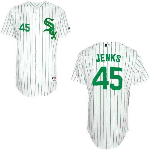 Men's Majestic Chicago White Sox #45 Bobby Jenks Authentic White/Green Strip MLB Jersey