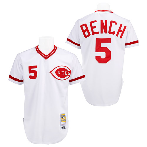 Men's Mitchell and Ness Cincinnati Reds #5 Johnny Bench Replica White Throwback MLB Jersey