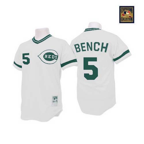 Men's Mitchell and Ness Cincinnati Reds #5 Johnny Bench Replica White(Green Patch) Throwback MLB Jersey