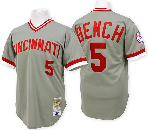 Men's Mitchell and Ness Cincinnati Reds #5 Johnny Bench Authentic Grey Throwback MLB Jersey