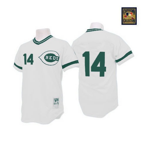 Men's Mitchell and Ness Cincinnati Reds #14 Pete Rose Replica White(Green Patch) Throwback MLB Jersey
