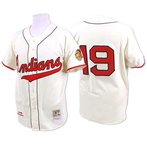 Men's Mitchell and Ness 1948 Cleveland Indians #19 Bob Feller Authentic Cream Throwback MLB Jersey