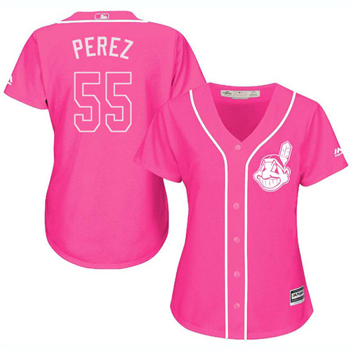 Women's Majestic Cleveland Indians #55 Roberto Perez Authentic Pink Fashion Cool Base MLB Jersey
