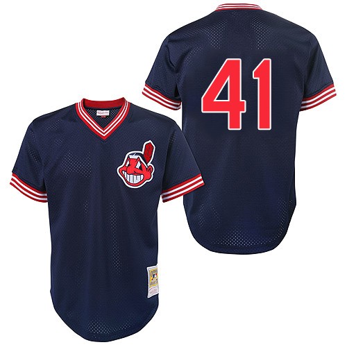 Men's Mitchell and Ness Cleveland Indians #41 Carlos Santana Replica Blue Throwback MLB Jersey