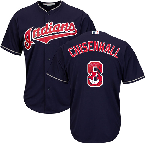 Men's Majestic Cleveland Indians #8 Lonnie Chisenhall Authentic Navy Blue Team Logo Fashion Cool Base MLB Jersey