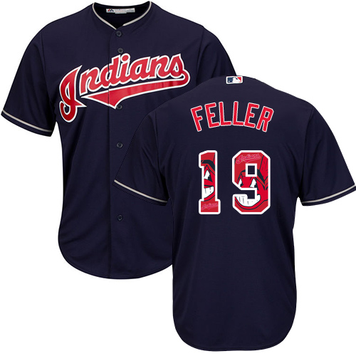Men's Majestic Cleveland Indians #19 Bob Feller Authentic Navy Blue Team Logo Fashion Cool Base MLB Jersey