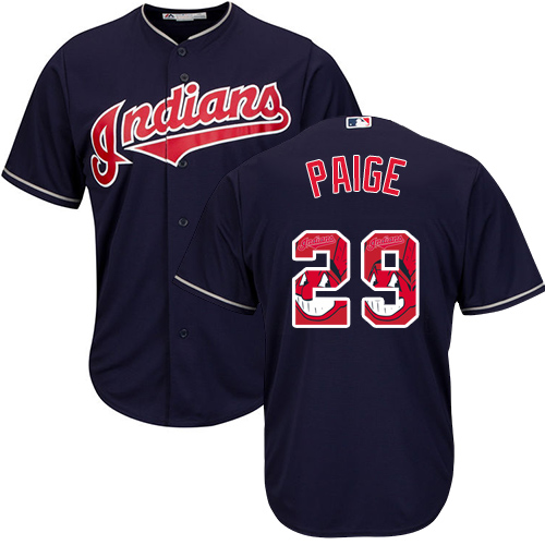 Men's Majestic Cleveland Indians #29 Satchel Paige Authentic Navy Blue Team Logo Fashion Cool Base MLB Jersey