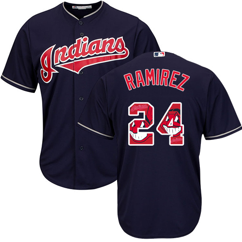 Men's Majestic Cleveland Indians #24 Manny Ramirez Authentic Navy Blue Team Logo Fashion Cool Base MLB Jersey