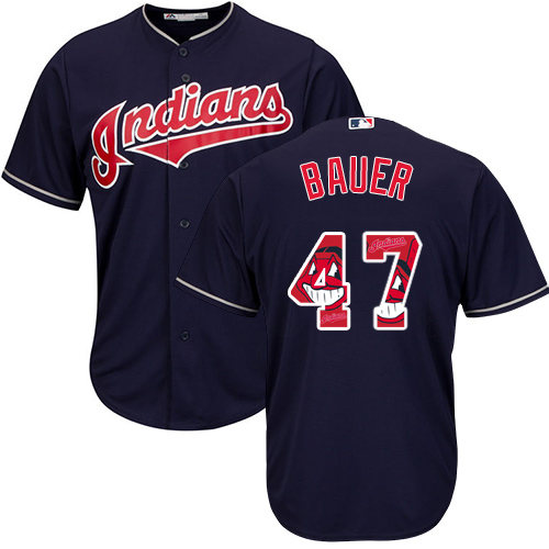 Men's Majestic Cleveland Indians #47 Trevor Bauer Authentic Navy Blue Team Logo Fashion Cool Base MLB Jersey