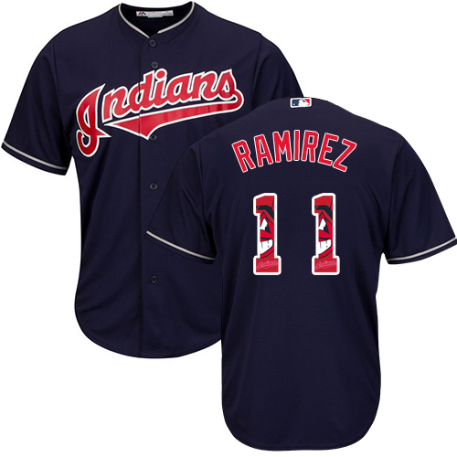 Men's Majestic Cleveland Indians #11 Jose Ramirez Authentic Navy Blue Team Logo Fashion Cool Base MLB Jersey