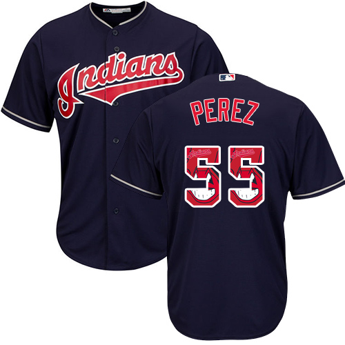 Men's Majestic Cleveland Indians #55 Roberto Perez Authentic Navy Blue Team Logo Fashion Cool Base MLB Jersey