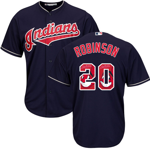 Men's Majestic Cleveland Indians #20 Eddie Robinson Authentic Navy Blue Team Logo Fashion Cool Base MLB Jersey