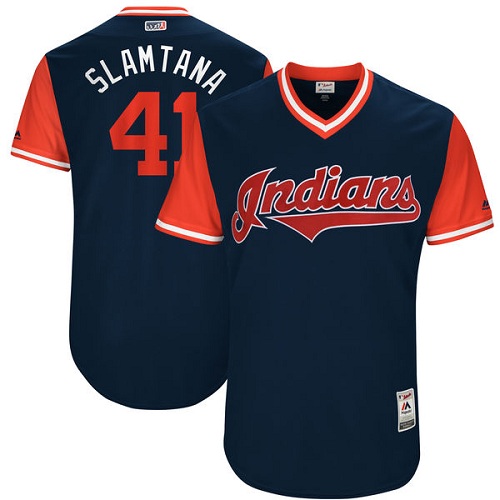 Men's Majestic Cleveland Indians #41 Carlos Santana "Slamtana" Authentic Navy Blue 2017 Players Weekend MLB Jersey