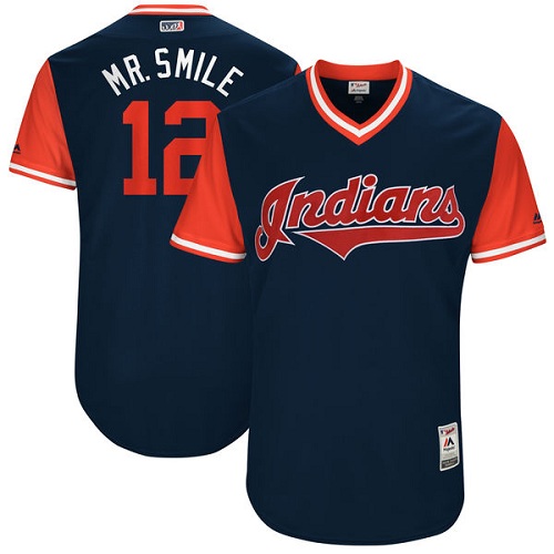 Men's Majestic Cleveland Indians #12 Francisco Lindor "Mr. Smile" Authentic Navy Blue 2017 Players Weekend MLB Jersey