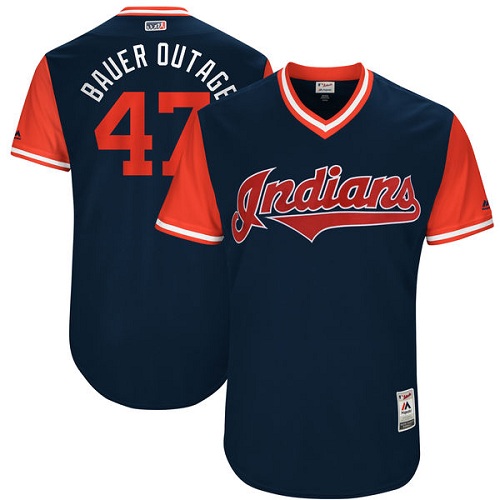 Men's Majestic Cleveland Indians #47 Trevor Bauer "Bauer Outage" Authentic Navy Blue 2017 Players Weekend MLB Jersey