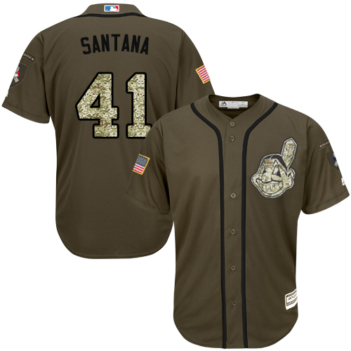 Men's Majestic Cleveland Indians #41 Carlos Santana Authentic Green Salute to Service MLB Jersey