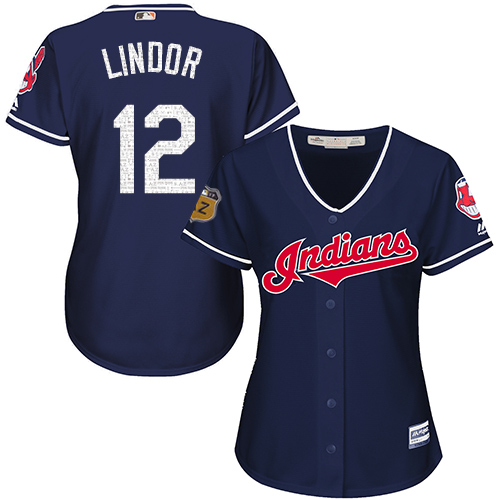 Women's Majestic Cleveland Indians #12 Francisco Lindor Authentic Navy Blue 2017 Spring Training Cool Base MLB Jersey