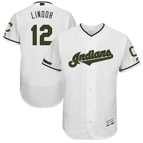Men's Majestic Cleveland Indians #12 Francisco Lindor White Memorial Day Authentic Collection Flex Base MLB Jersey