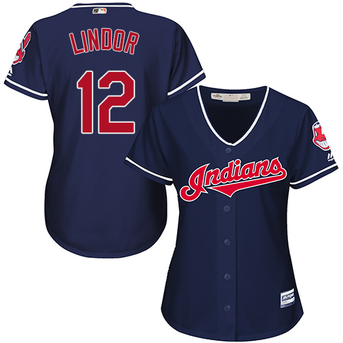 Women's Majestic Cleveland Indians #12 Francisco Lindor Replica Navy Blue Alternate 1 Cool Base MLB Jersey