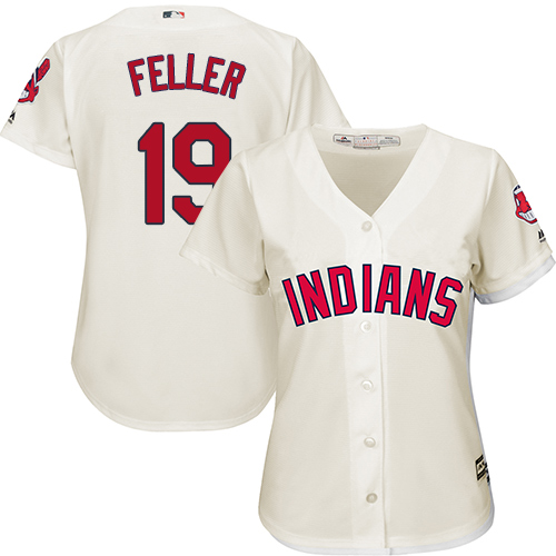 Women's Majestic Cleveland Indians #19 Bob Feller Authentic Cream Alternate 2 Cool Base MLB Jersey